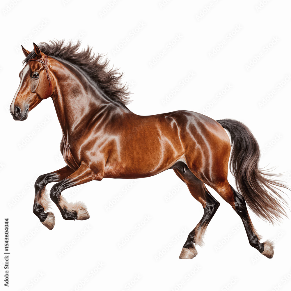 Obraz premium Brown Horse in Motion: A majestic brown horse with a flowing mane and tail, powerfully strides across the scene. Its coat gleams with health and vitality.