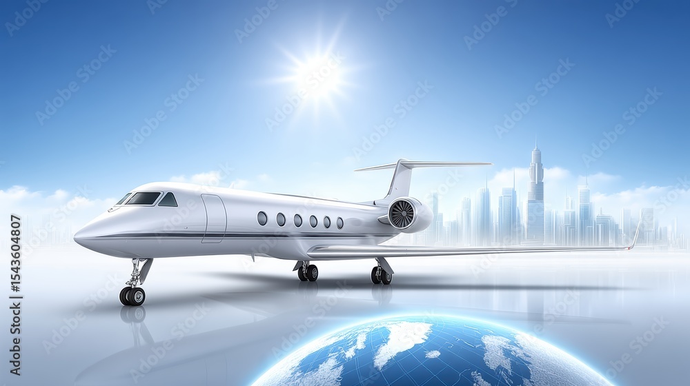 Fototapeta premium A sleek private jet is parked on a reflective surface with a bright sun above and a futuristic city skyline in the background, hovering over a digital Earth globe.