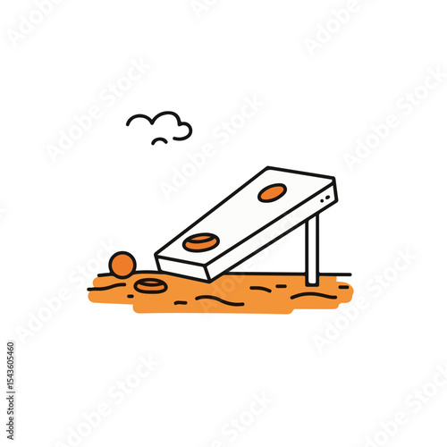 A simple illustration depicts a cornhole game setup in an outdoor setting.