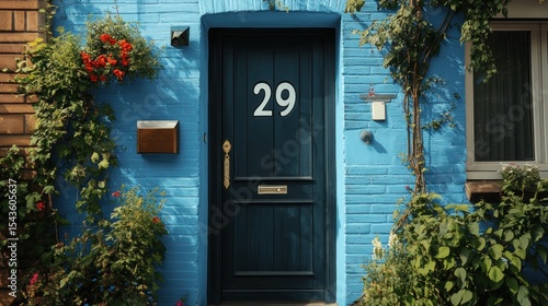 Charming Blue House with Number 29 and Lush Greenery