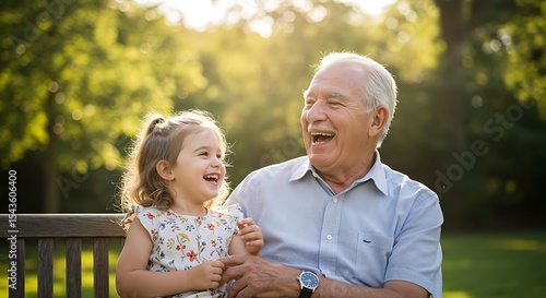 Grandfather and Granddaughter Sharing Laughter on Park Bench