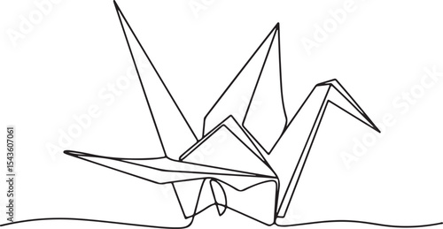 continuous line drawing of an origami crane with geometric folds on white background