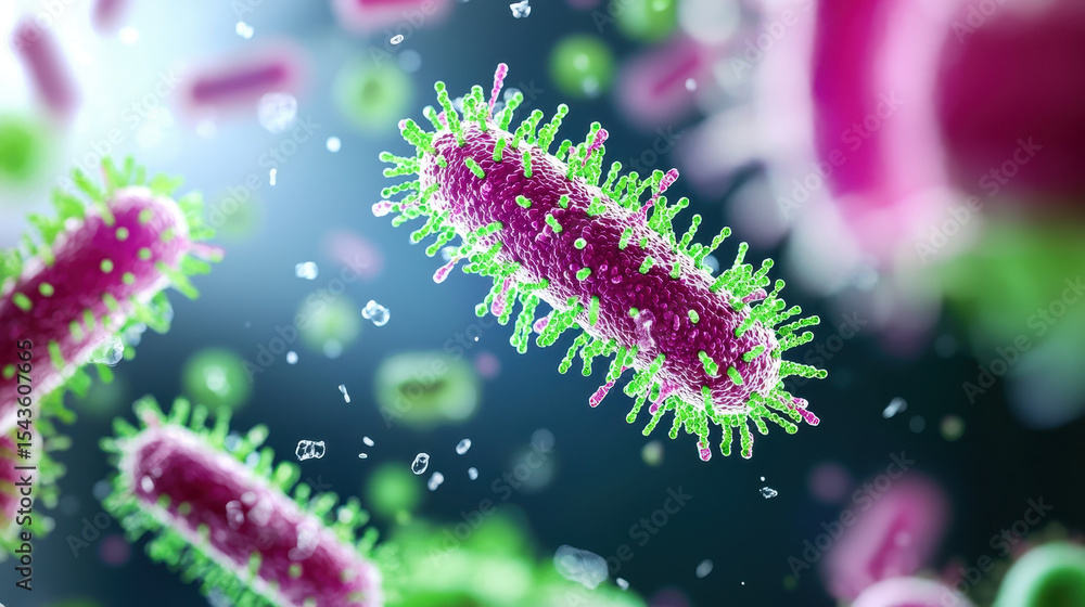 Fototapeta premium Colorful bacteria under microscope, showcasing intricate details and vibrant colors, representing germs and microorganisms