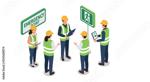 Group of construction workers discussing safety plans at emergency point vector illustration