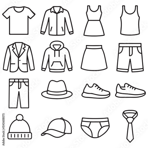 Clothes icons set vector. Sweatshirt, hoody, pullover, bathsuit, jacket, evening dress, cardigan, trousers visualization vector illustration.