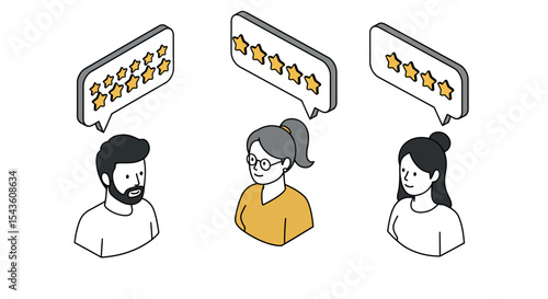 Cartoon characters sharing feedback with star ratings in speech bubbles vector illustration