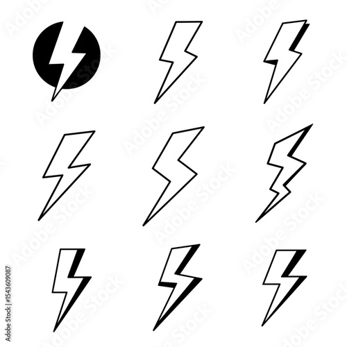 Various Depictions of Lightning Bolts with Differing Styles and Forms Representing Power Speed and Electrical Energy