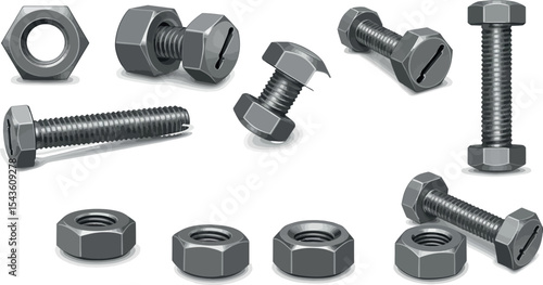 Various metal bolts, nuts, and screws collection for mechanical assemblies vector illustration