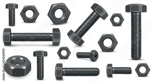 Assorted steel bolts and nuts on white background vector illustration