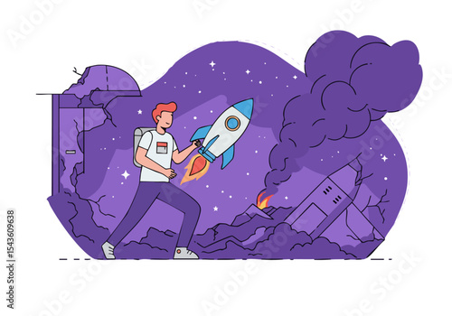 A young man launches a rocket amidst rubble, symbolizing resilience and overcoming setbacks. Dynamic illustration with a starry backdrop. Perfect for motivation and growth themes.
