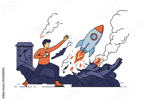 A man launches himself from a crumbling building, propelled by a rocket, symbolizing resilience and overcoming setbacks. Dynamic, energetic illustration.