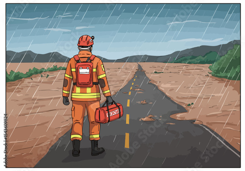 rescue worker stands on a flooded road surveying a devastated landscape Dramatic rain and a muddy path create a powerful scene Suitable for disaster relief and emergency themes