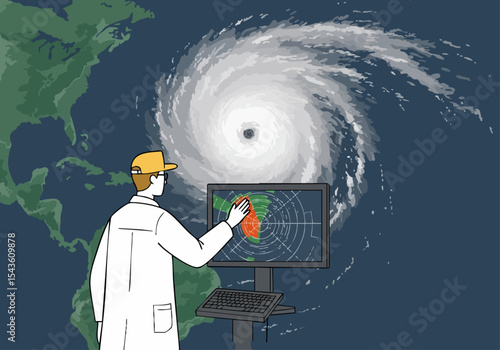 A scientist monitors a hurricane on a computer screen, illustrating storm tracking. Clear visual, professional setting. Focus on data and preparedness.