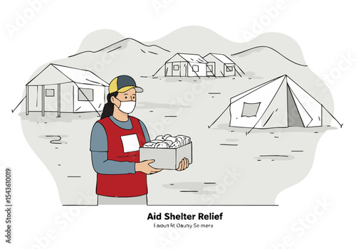 volunteer distributes food boxes to displaced people in a refugee camp The scene depicts aid and relief efforts showcasing a compassionate individual assisting those in need 