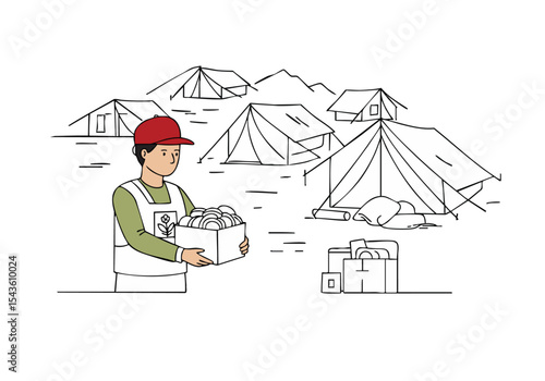 A volunteer distributes aid supplies at a disaster relief camp. A man in a vest offers boxes of food to tents in the background. Simple, impactful illustration.