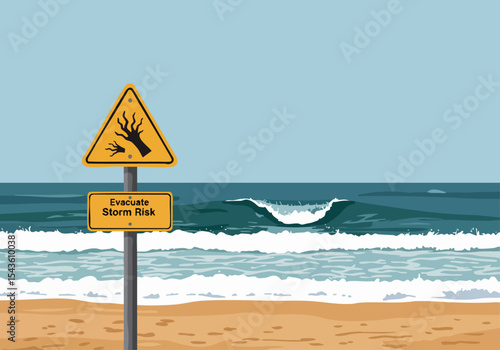 A warning sign alerts to storm risk near a crashing ocean. The composition highlights the danger and coastal setting. Clear, impactful visual.