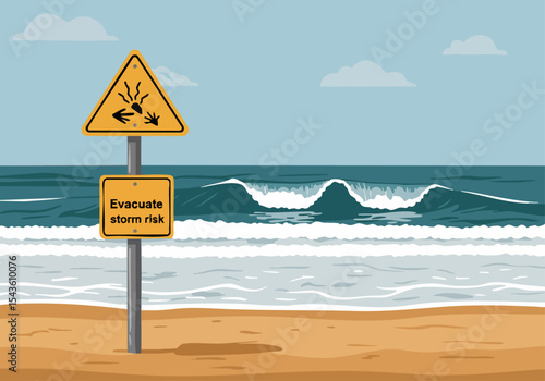 A warning sign alerts to storm risk at the beach. Waves crash against the shore. A clear, impactful image for safety and coastal themes.
