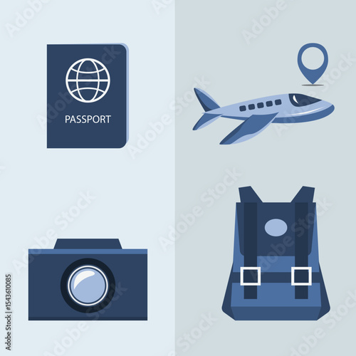 Flat vector travel icon set featuring a passport, airplane, backpack, camera, and map pin. Clean minimal style ideal for travel blogs, stickers, apps, websites, and tourism materials.
