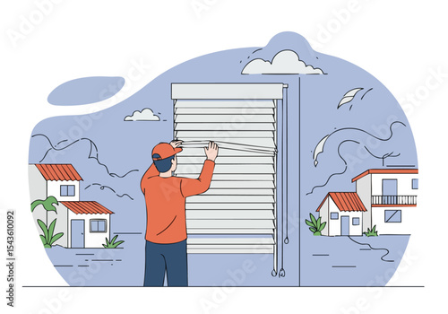 A male worker installs a security shutter on a house exterior. Bright, sunny day. Focus on home safety and security. Clean, modern illustration.