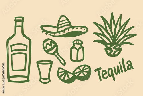 Tequila bottle lime agave sombrero naive sketch vector illustration