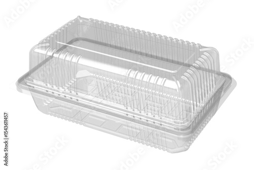 This image shows a clear plastic food container with a hinged lid, commonly used for takeout meals or food storage.