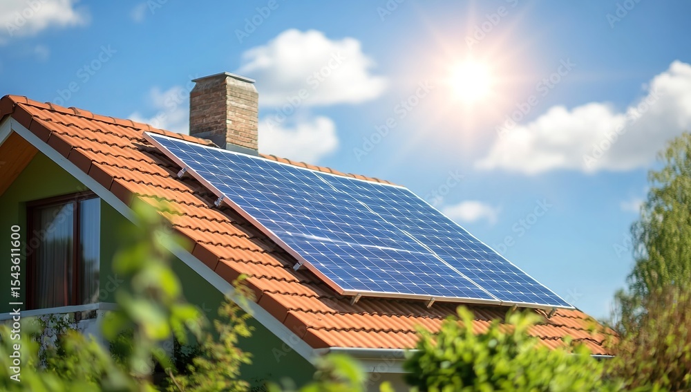 Fototapeta premium Solar Panel on House Roof Under Bright Sunshine with Blue Sky, White Clouds, and Surrounding Greenery
