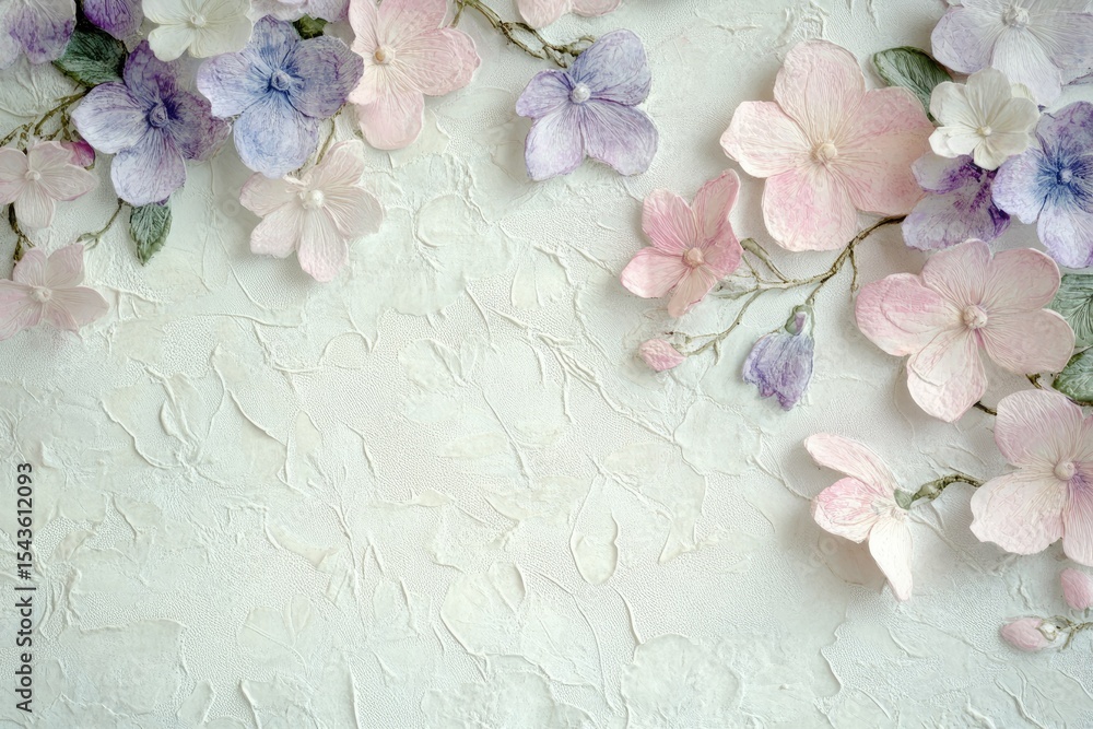 Obraz premium Delicate pastel paper flowers arranged on a textured white background, creating a soft and elegant floral border.