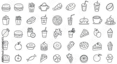 Hand-drawn fast food and desserts icons: burgers, pizza, cupcakes, drinks, fruits vector illustration