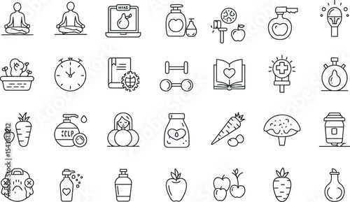 Outline icons of health and wellness: yoga, exercise, nutrition, and relaxation vector illustration