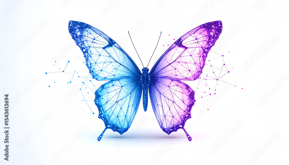 Obraz premium A digital butterfly in vibrant blue and purple hues, composed of geometric lines and dots, representing beauty and technology