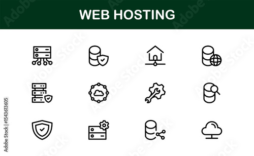 Professional Web Hosting Icons with Server, Domain, and Cloud Elements in Clean Line Art Style