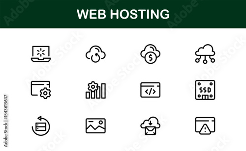 Professional Web Hosting Icons with Server, Domain, and Cloud Elements in Clean Line Art Style