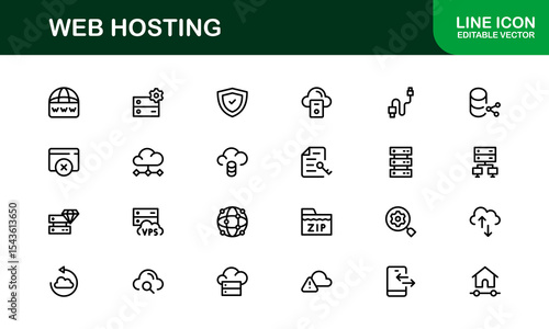 Professional Web Hosting Icons with Server, Domain, and Cloud Elements in Clean Line Art Style