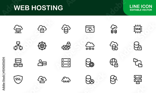 Professional Web Hosting Icons with Server, Domain, and Cloud Elements in Clean Line Art Style