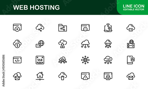 Professional Web Hosting Icons with Server, Domain, and Cloud Elements in Clean Line Art Style