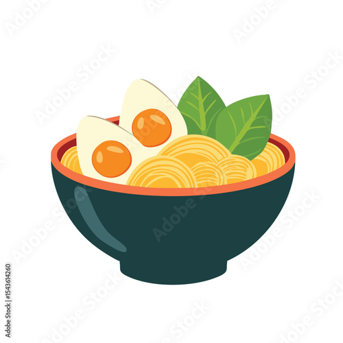 Delicious ramen noodles with soft boiled eggs and greens