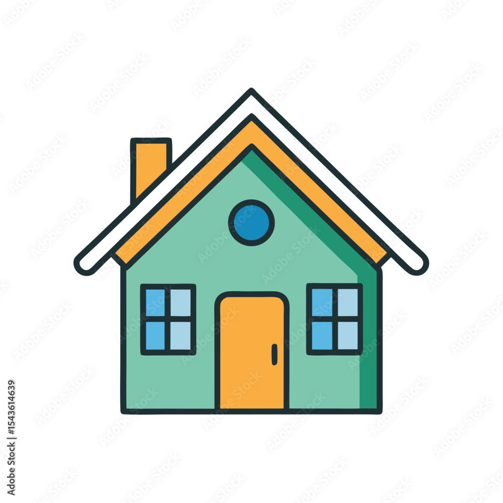 Simple Isolated House Illustration: A charming, single-story home with teal walls, a yellow door, and white roof trim on a clean, bright background. Vector drawing for design use. Simple Isolated House Illustration: A charming, single-story home with teal walls, a yellow door, and white roof trim on a clean, bright background. Vector drawing for design use.