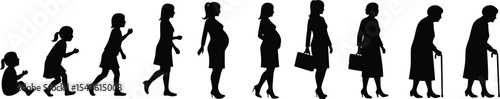 Silhouette evolution of woman from child to elderly, different life stages, growing up female, timeline development, aging process, woman aging transition, concept of life changes.
