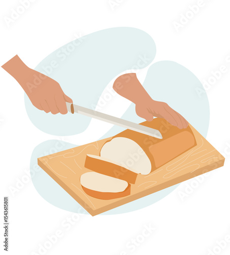 cutting bread on a chopping board.Hands of young person cut crispy bread with knife on a wooden cutting board