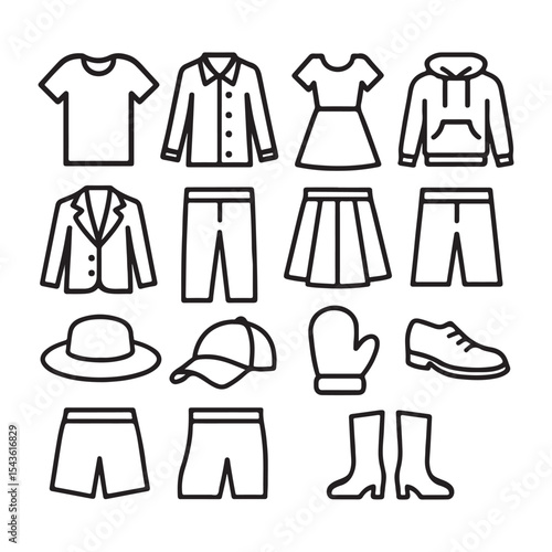 Clothes icons set vector. Sweatshirt, hoody, pullover, bathsuit, jacket, evening dress, cardigan, trousers visualization vector illustration.