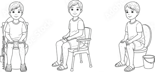 Cartoon vector illustration of boy toilet training, potty training, sitting on chair, toilet and potty, bathroom education for toddlers, hygiene habits for kids, parenting guide image.