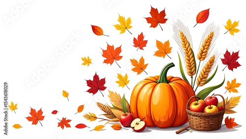 Autumn harvest display with pumpkin apples wheat and falling leaves on a white background art design