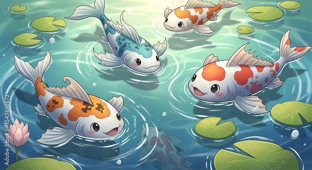 Fototapeta premium Cute Cartoon Koi Fish Swimming in Decorative Pond