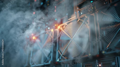 Smoke and spinning fans emerge from a server rack, emphasizing the intense heat management challenges in modern data centers.
