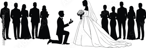 Wedding ceremony silhouette with groom proposing to bride, bridal gown, bouquet in hand, guests in background, romantic engagement moment, love celebration vector, black and white illustration.