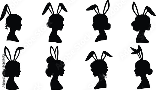 Silhouette vector of girls wearing bunny ears headbands, side profile collection, creative Easter costume idea, festive cartoon style, black and white illustration for design or decoration.