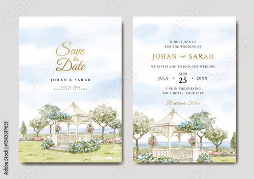 Wedding invitation of nature landscape with wedding gazebo watercolor