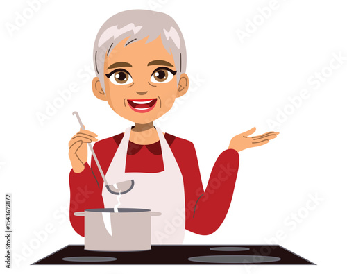 Cartoon vector illustration of a senior woman cooking, holding a kitchen utensil in one hand and presenting a blank copy space with the other. Drawing for recipe blogs or cooking promotions
