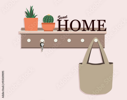 Cartoon illustration of a key holder home decoration with text “Sweet Home” and hanging elements. Ideal for interior design, home accessories, or lifestyle visuals