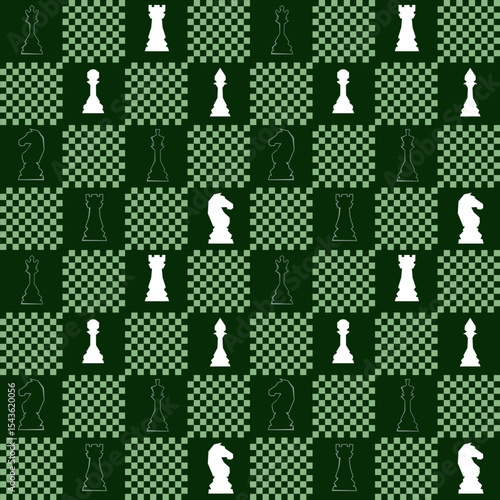 Abstract Seamless pattern in chess style with chess figures and chessboard for design, textile, fabric, surface textures, packaging, scrapbooking, chess school or chess club.